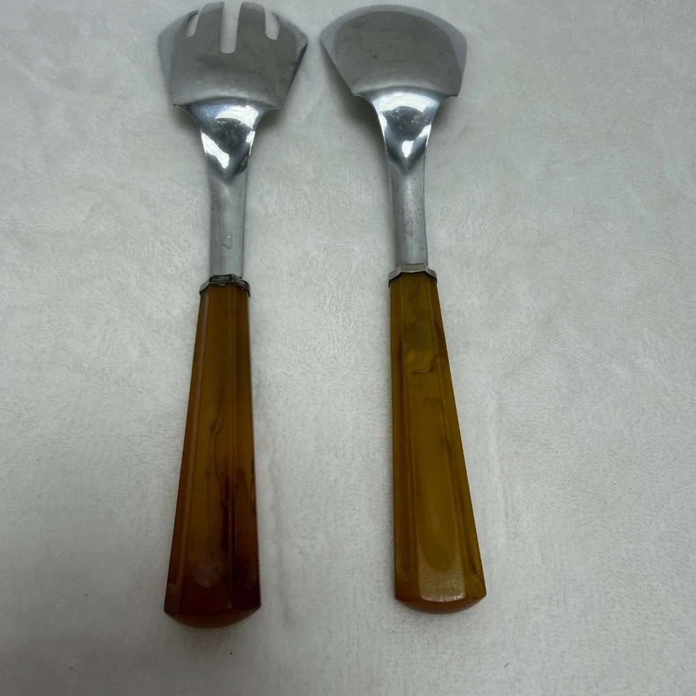 VTG Butterscotch Amber Marbled Salad Serving Set Fork and Spoon MCM Retro Farm